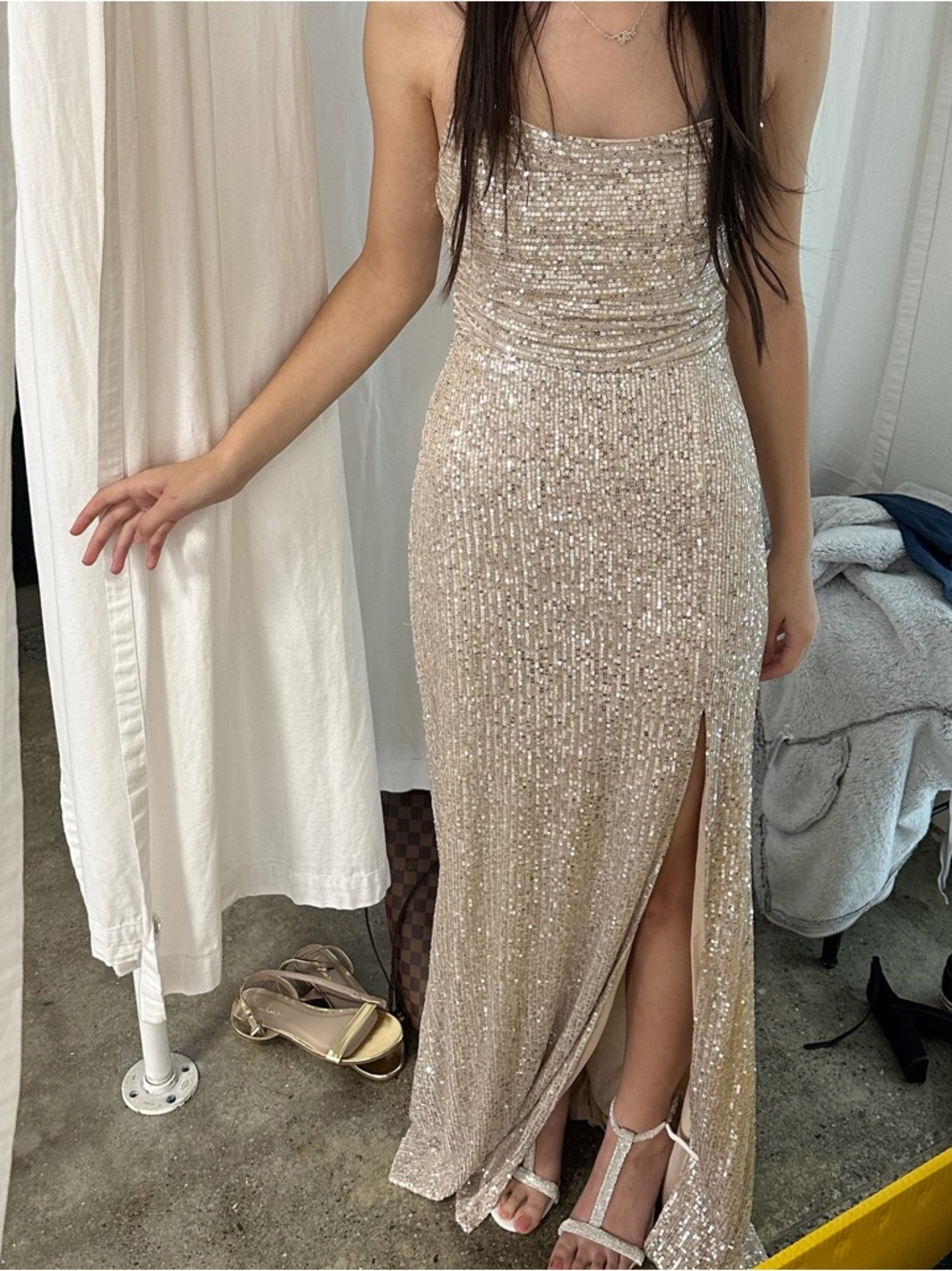 Lulu's Rose Gold Sequin Spaghetti-Strap Prom Gown - Picture 4 of 4